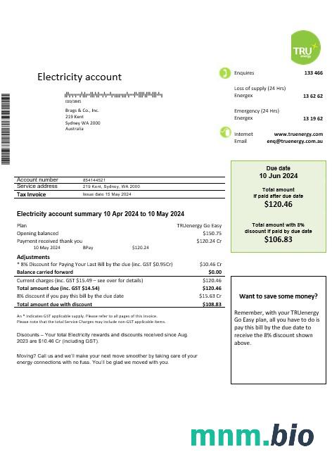 Australia Tru Energy electricity rachunek za usługi komunalne szablon w formacie Word i PDF